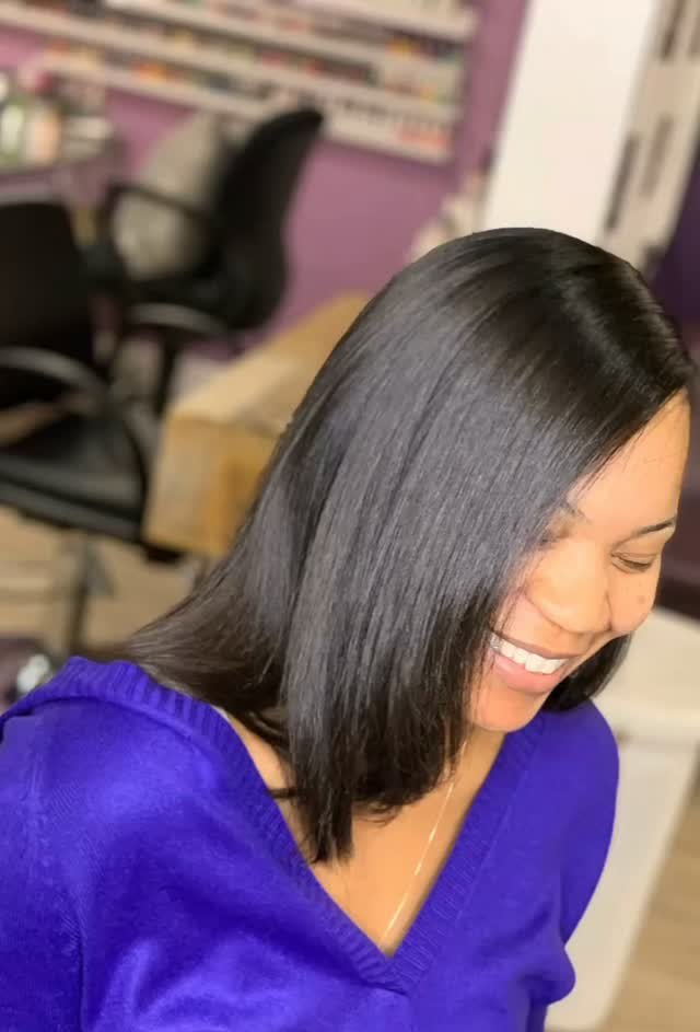 Silk press on a straight, shoulder-length bob with a side part at KodakStylez in Smyrna, GA