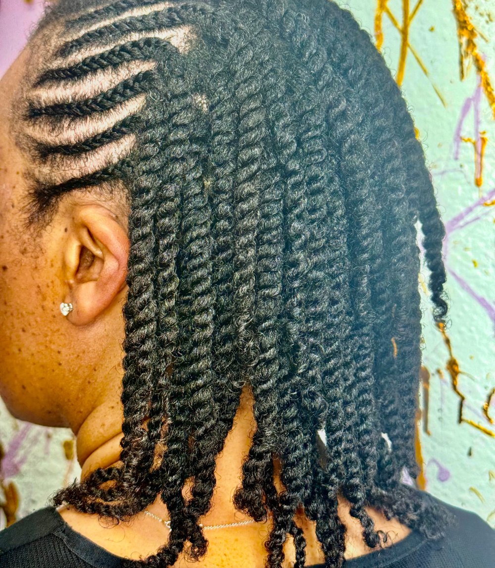 Two strand twists with braids along the side of the head on natural hair at KodakStylez in Smyrna, GA